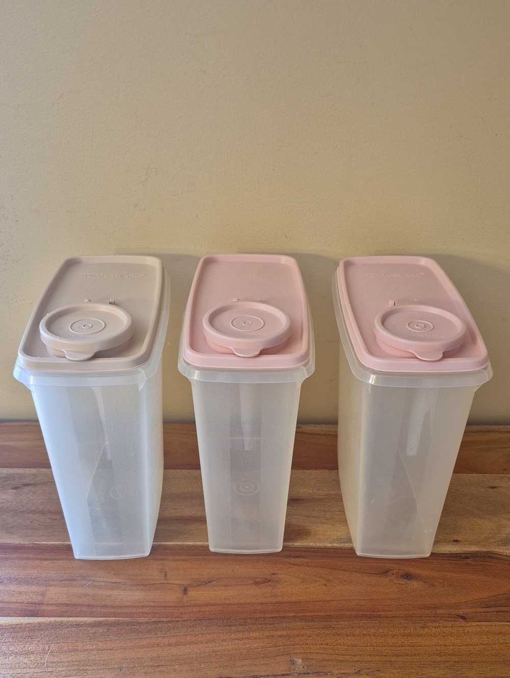 Lot of 3 Vintage Tupperware 469-21 Cereal Keeper - 2 Pink Lid & 1 Almond Lid